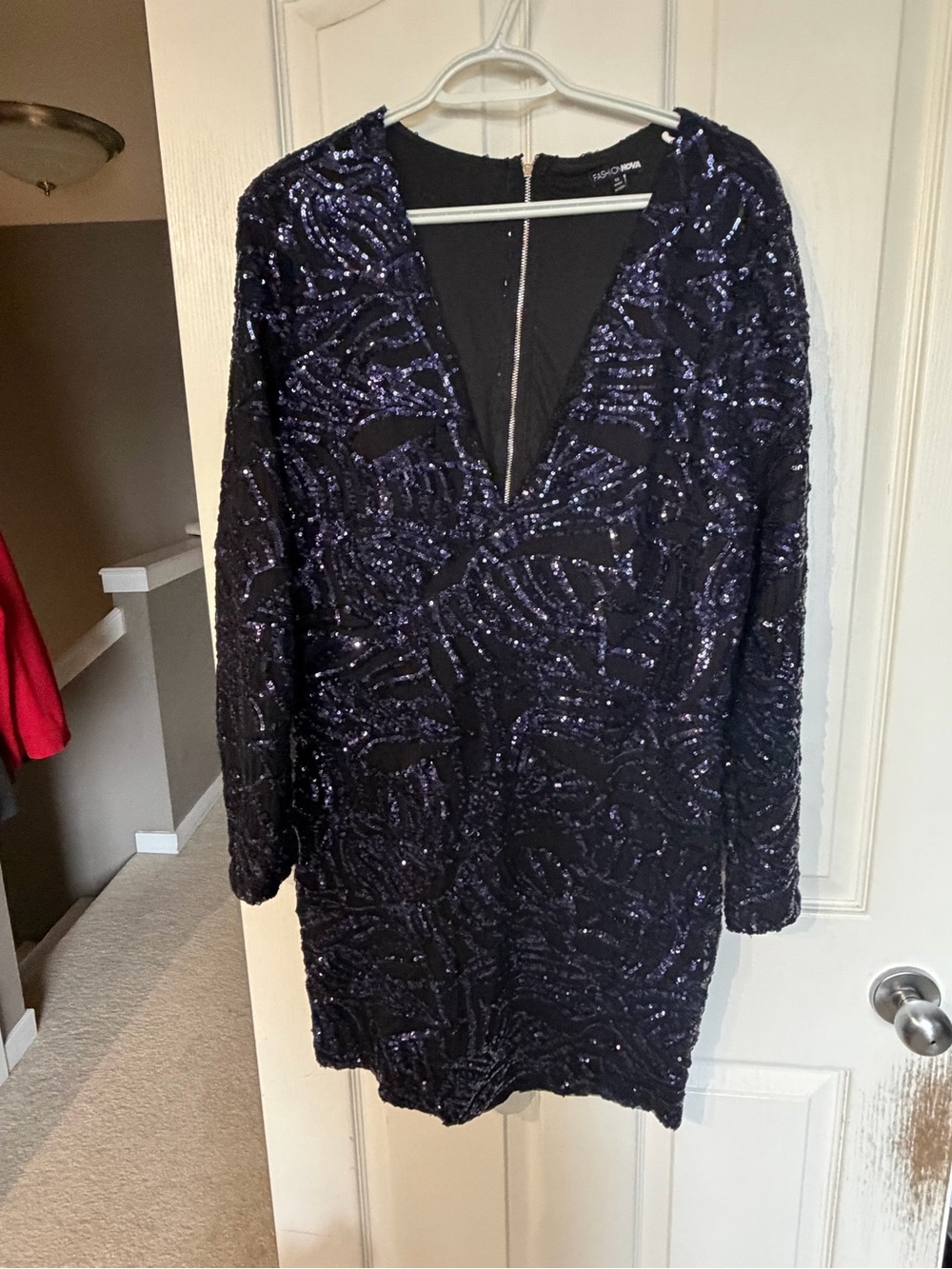 Fashion nova Navy Sequin V-Neck Long Sleeve Dress